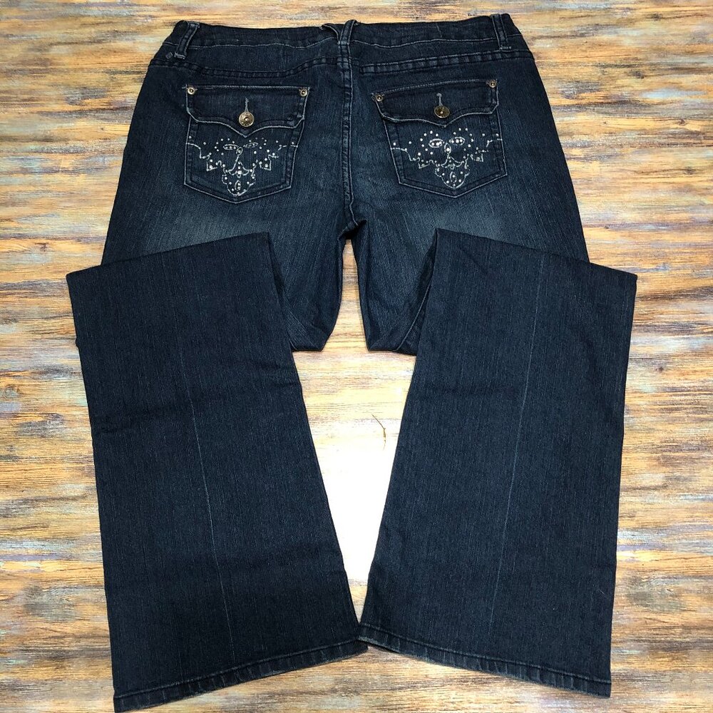 High Sierra Jeans Faux Rhinestones Mid Rise Boot Cut Blue Womens Size 10